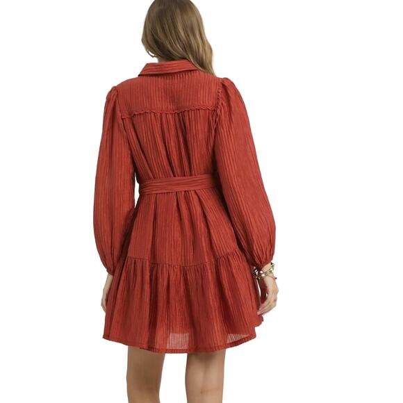 Umgee Crinkle Button-Front Tiered Mini Dress with Waist Tie - Picture 3 of 4